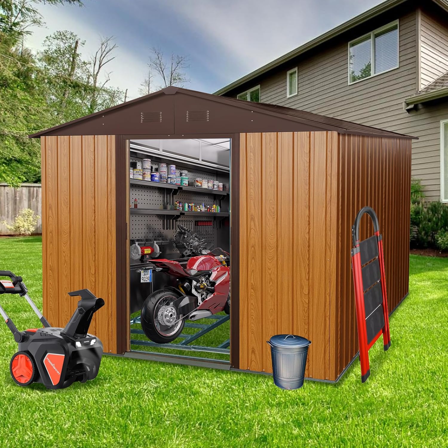 Gardening Tools Set - 8x10 FT Outdoor Storage Shed, Metal