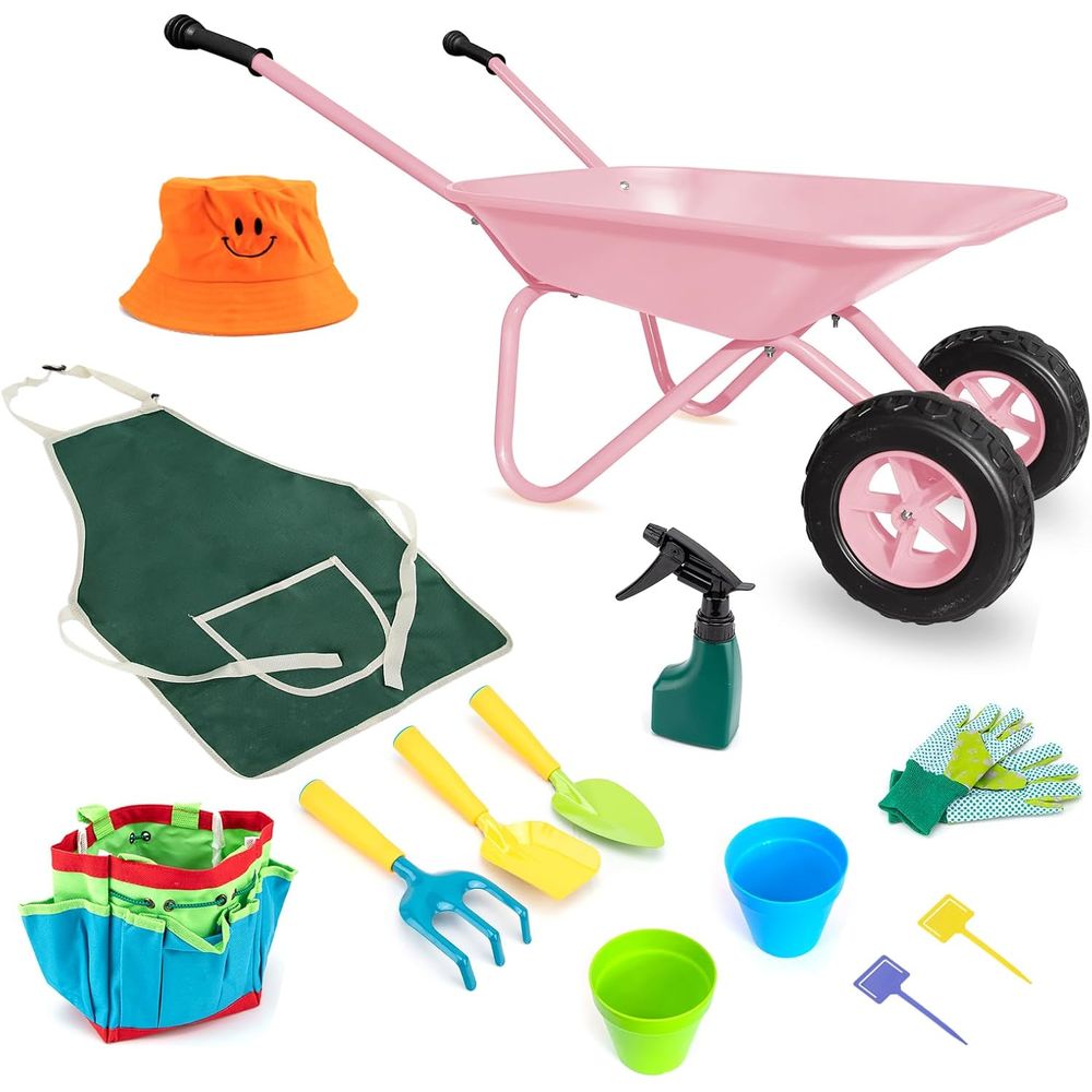 Children's Pink Metal Wheelbar - مراجعة Gardening Tools Pink وسعره